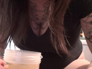 Young Elle Pisses In A Cup, Smells It, &Then Dumps_It On Her Ass