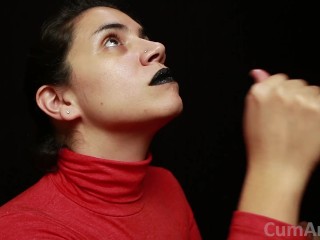 CFNM - Red_turtleneck, Black lips - Handjob + Cum mouthful + Cum on_clothes