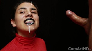 Handjob Cum Mouthful Cum On Clothes CFNM Red Turtleneck Black Lips