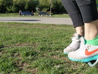 Shoeplay with sneakers at the park --Preparing smelly socks for shipping