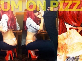 Screen Capture of Video Titled: Stunning redhead in orange high heel wants some cum on her pizza!!!
