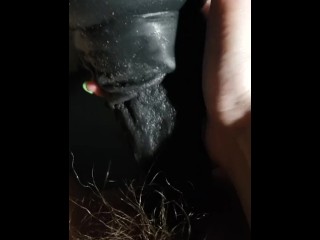 Disabled woman uses large blackhorsecock dildo inside tight wet pussy
