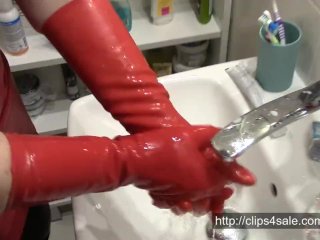 Washing Red Latex Gloves After Handjob