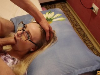 Hot girl in glasses_makes sloppy blowjob and deepthroat - Cum on face