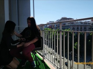 Interracial couple_having public sex in a city_balcony