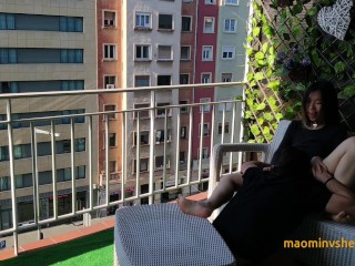 Interracial couple_having public sex in a city balcony