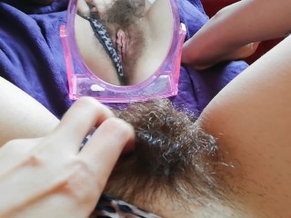 Extreme hairy bush play_with mirror big clit pussy