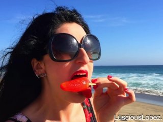 Luscious Lopez Licks Popsicle On Beach