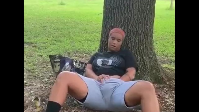 Playing with myself outdoors and she jumps on the cock