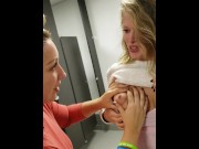 Public Lactating Lesbians - MFF Breastfeeding Squirting Threeway in a Public Restroom - Pornhub.com