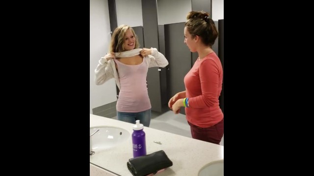 MFF breastfeeding squirting threeway in a public restroom