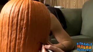 Deviant straight guys are fucking a pumpkin and masturbating
