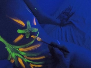 Hot Babe gets an amazing UV Color_Paint on Nude Body Happy_Halloween