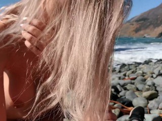 Russian teen girl swallows hot cum_on Californian_public beach - Eva Elfie