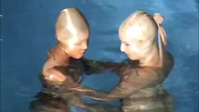 Two Wet Encased Shiny Pantyhose Horny Lesbians Playing In Pool - Nylon Mask