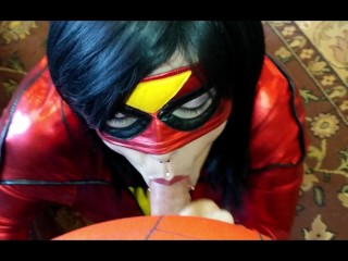 Spiderwoman Gives A Sloppy Blowjob_In The Office and Gets A_Web Facial
