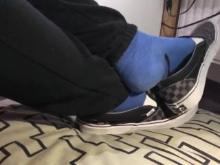 Male Shoeplay In Vans Slip Ons And Blue Puma Socks