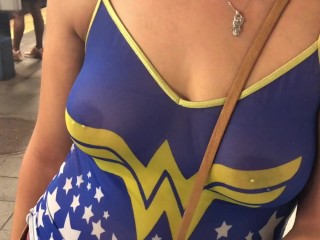 Wife in See through wonderwomen shirt with pierced nipples_in public