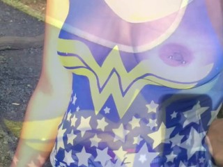Wife in See through_wonder women_shirt with pierced nipples in public
