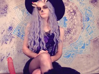 Gothic Witch Fucks Three Large Dildos
