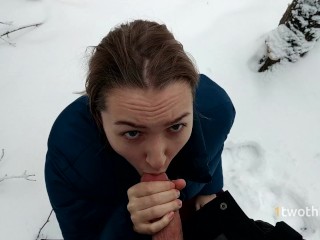 Walk in snowy forest turned into choking_on hot_cum