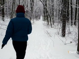 Walk in snowy forest turnedinto choking on hot cum