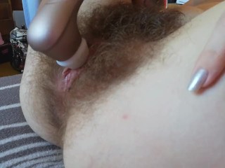 super hairy big clit pussy close up side view orgasm with_vibrator