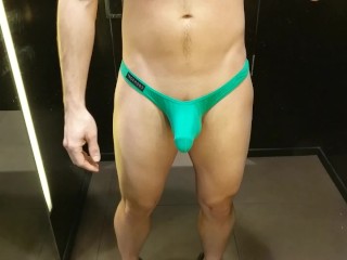 Swinging my big dick bulge in the changing room in slow motion