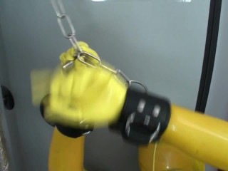 Girl Full Encased In Yellow LatexCatsuit + Fishnets Makes Self Bondage