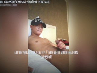 Gifted ASIAN twink jerk's off his 7inch dick while watching porn -CUMSHOT!!