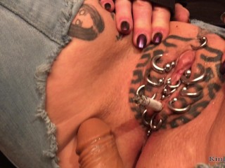 KinkyFrida in jeans plays with her pierced_and tattooed pussy
