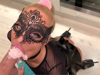 Screen Capture of Video Titled: Slim blonde Saliva Bunny enjoys messy food fetish and cock sucking - The Splosh Theraphy