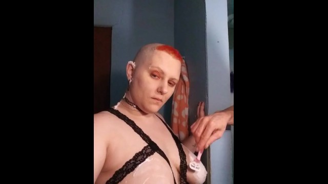 Sexy bald bitch razor boob shave