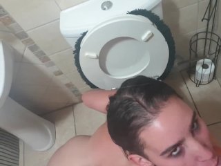 Human Toilet_Teen Sucking andLicking Piss Covered Dildo in Toilet