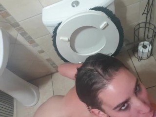Human toilet teen sucking and licking_piss covered dildo in_toilet