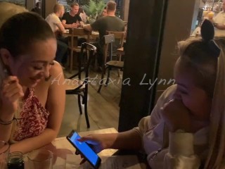 Two friends controlling my toy in Public_Restaurant! Holding moans!Anastasia Lynn