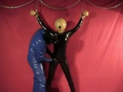 Latex Catsuit Girl With Rubber Ballhood In Bondage Gasmask Breathplay
