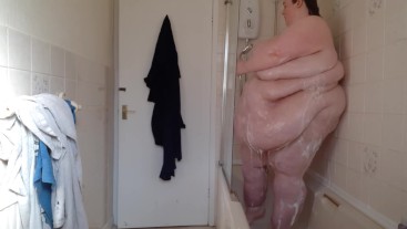 BBW SSBBW TAKES A SHOWER GETS SOAP BELLY SQUISHED AGAINST WALL