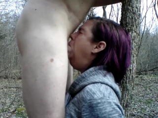 (Teaser)Handcuffed to a tree and deepthroat facefucked off_trail
