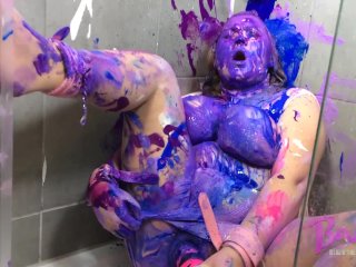 Bbw In Bondage Covered In Paint And Orgasming With Wand