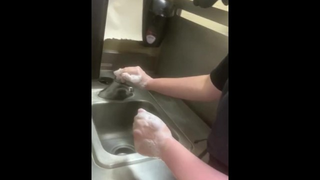 Subway Worker Lathers Hands in Soap and Washes them diligently. & Brunette;Handjob;Public;Exclusive;Verified Amateurs;Solo Female