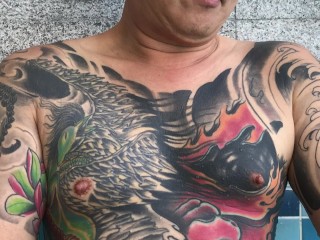 Tattooed asian dads fuck pool no cum shoot...