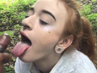 Teen redhead deepthroats BBC outside_finishing with a facial