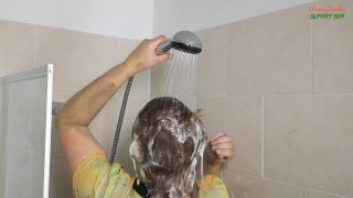 Wetlook shower in my ruined dress and hairwash