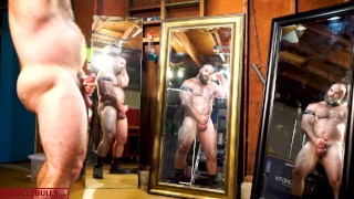 STROKING HIS COCK IN FRONT OF MIRRORS ALPHA MUSCLE BULL FLEXING
