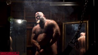Huge Dick SMOKING HIS CIGAR IN FRONT OF THE SLING BY HYPER MASCULINE MUSCLE HAIRY BULL