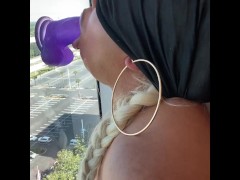 Ebony step sister caught practicing sloppy deepthroat on dildo
