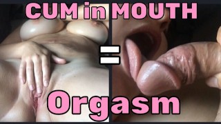 Horny MILF masturbates and tastes cock; has orgasm during cum in open mouth