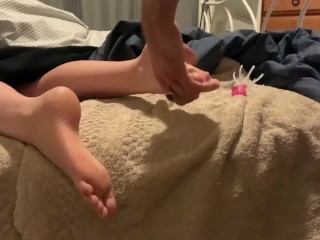 Tickling and massaging girlfriends tiny_teen feet (cum on feet)
