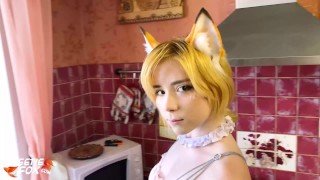 Fox Maid Cosplay - Blowjob and Hard Doggystyle Sex in the Kitchen